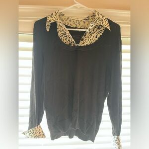Jeanne Pierre Black Sweater with Patterned Collar